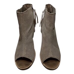 TOMS Majorca Peep Toe Booties Taupe Grey Perforated Suede Block Heel Size 7